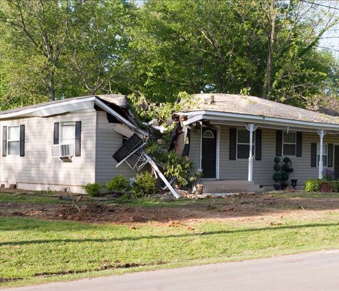 broken roof and front of the house from a tree