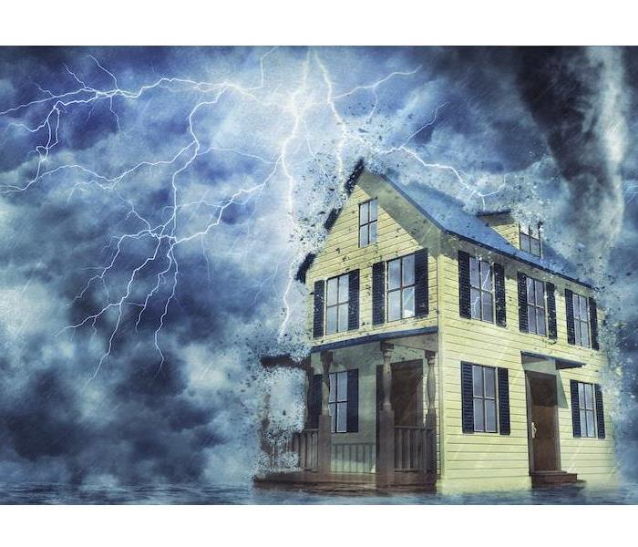 A yellow home with lightning and blue clouds surrounding the home. 