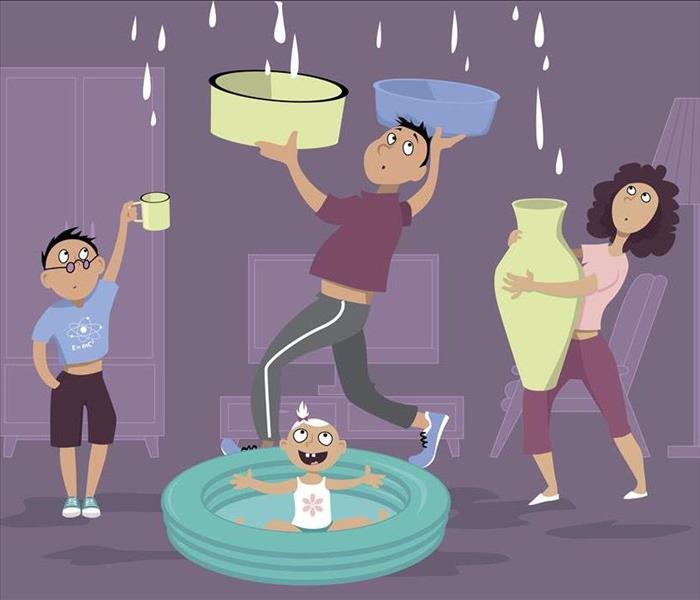 cartoon family catching dripping water from leak