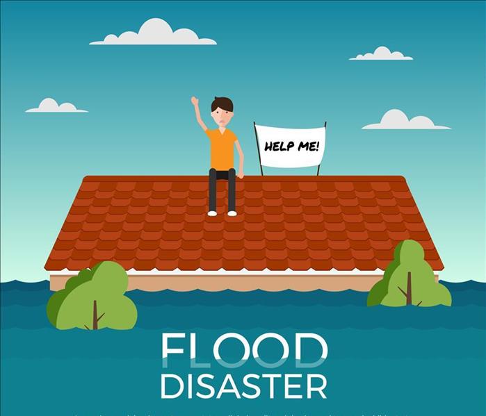 make on flooded roof of house with a help me sign